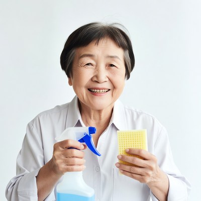 Asian senior woman holding spray bottle sponge