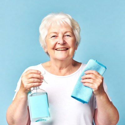 Elderly woman holding spray bottle and cloth