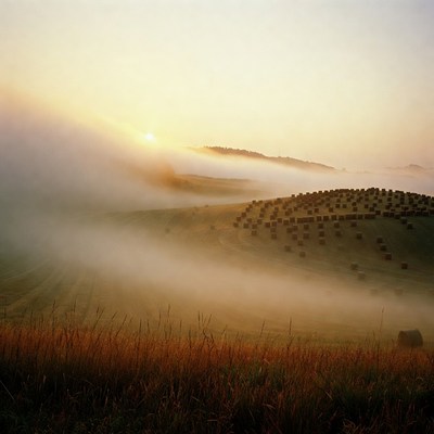 Hay bales in misty sunrise field