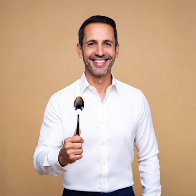 Man holding spoon smiling