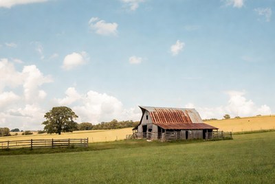Rustic barn with red roof in field