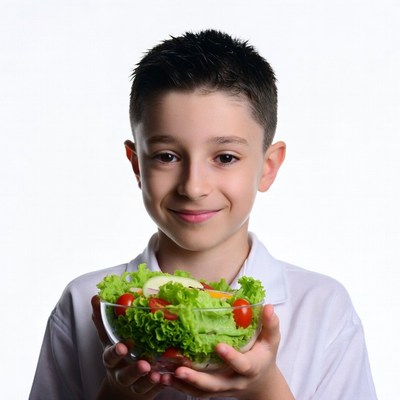 Boy holding fresh salad bowl