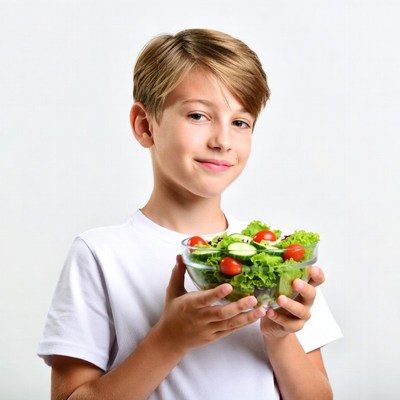 Boy holding fresh salad bowl