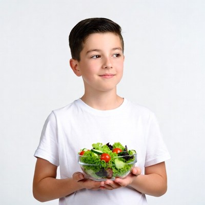 Boy holding fresh salad bowl