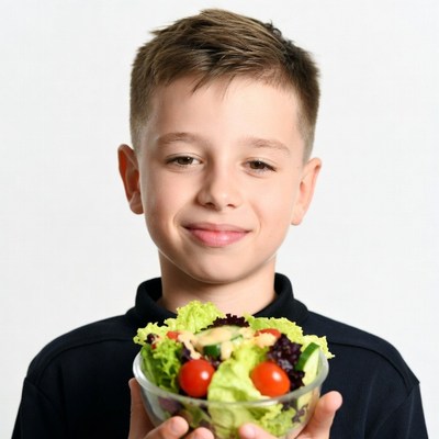 Boy holding fresh salad bowl