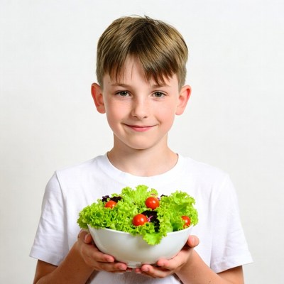 Boy holding salad bowl