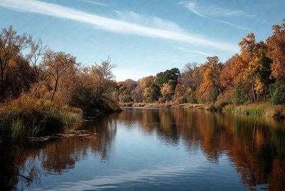 Autumn River with Fall Foliage Reflection