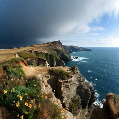 Dramatic Cliffs Over Ocean with Stormy Sky