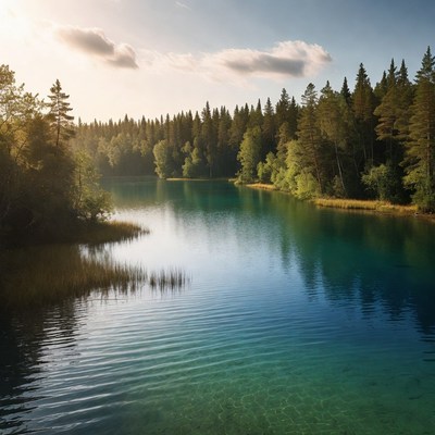 Turquoise lake in golden forest sunset