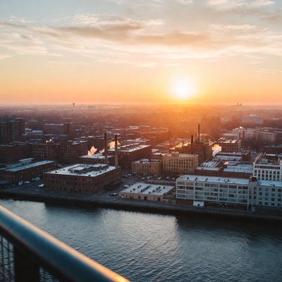City skyline at sunset by river