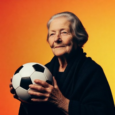 Elderly woman holding soccer ball