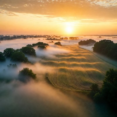Sunrise over misty wavy fields