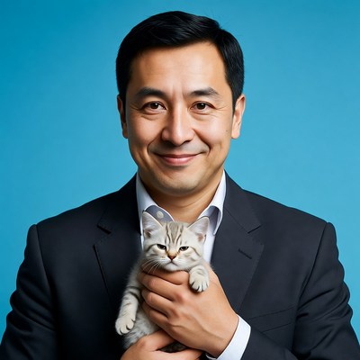 Asian man holding kitten