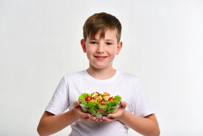 Boy holding fresh salad bowl