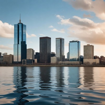City skyline reflected in river