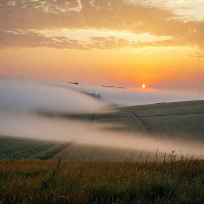 Sunrise over Misty Green Fields