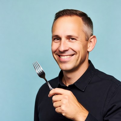 Man holding fork smiling