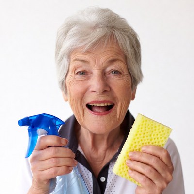 Elderly woman holding spray bottle and sponge