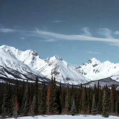 Snowy Mountains with Pine Forest