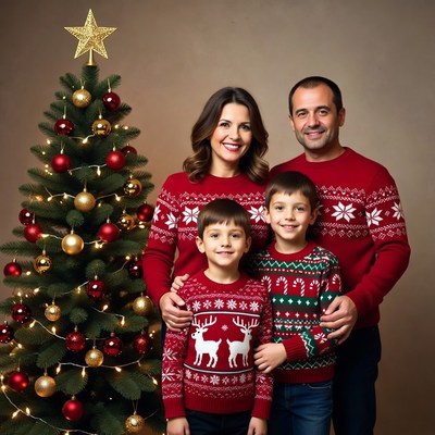 Family in Matching Christmas Sweaters by Tree