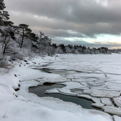 Frozen lake with snowy pine trees