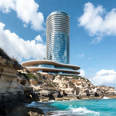 Modern Skyscraper on Coastal Cliff
