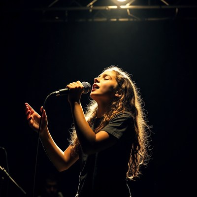 Young woman singing on stage