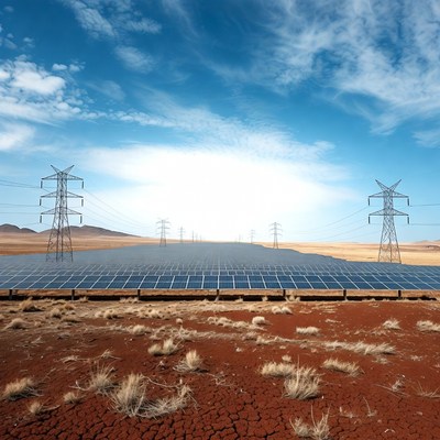 Solar panels with power lines in desert