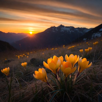 Yellow crocuses in mountain sunset