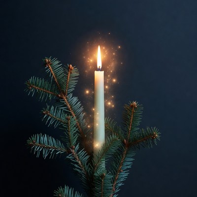Lit Candle with Christmas Tree Branches
