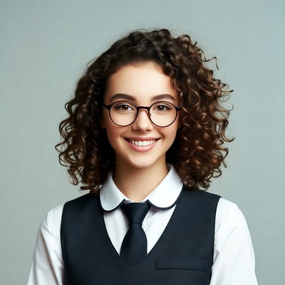 Smiling girl with curly hair and glasses