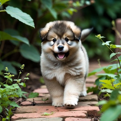 Fluffy puppy walking on garden path