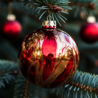 Shiny Red Gold Christmas Ornament on Tree