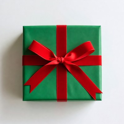 Green gift box with red ribbon