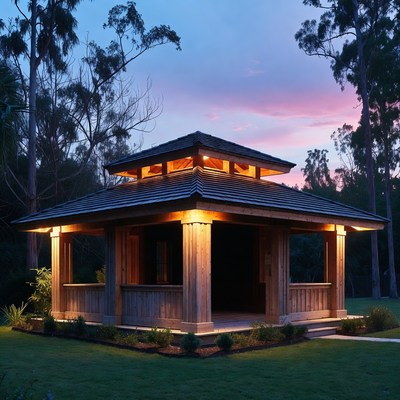 Wooden Gazebo Lit at Sunset