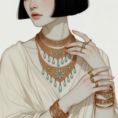 Woman wearing ornate turquoise jewelry