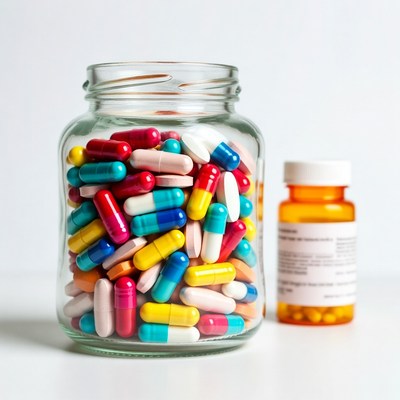Colorful pills in glass jar