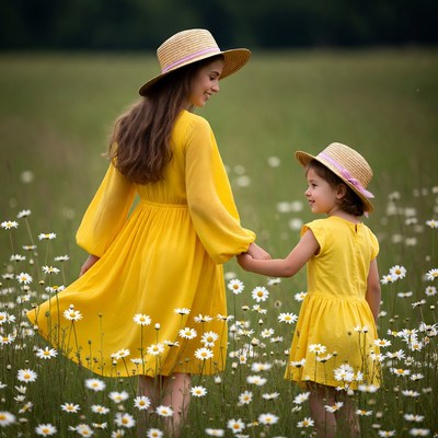 Mother and daughter in yellow dresses with straw hats
