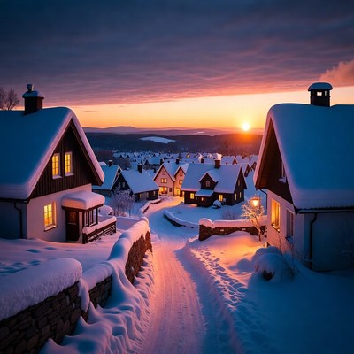 Snowy Village at Sunset