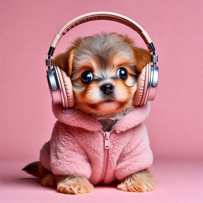 Puppy Wearing Headphones and Pink Hoodie