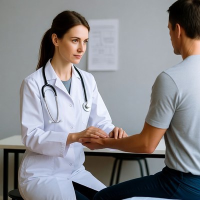 Female doctor examining male patient wrist