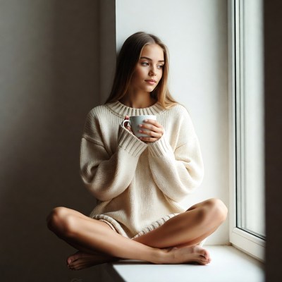 Woman holding mug by window