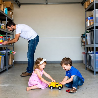 Father and kids playing toy truck in garage