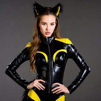 Woman in black yellow catwoman costume