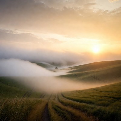 Foggy Sunrise Over Green Hills