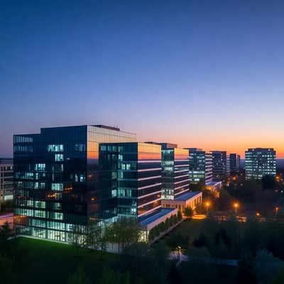 Modern glass office buildings at sunset