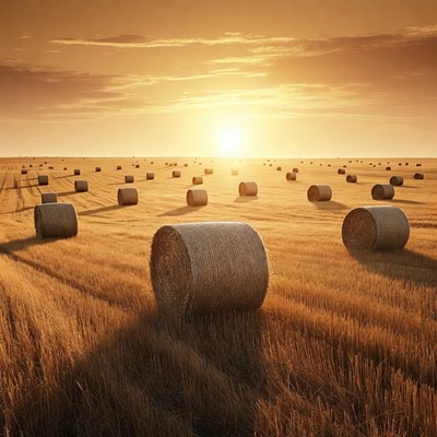 Hay bales in golden sunset field