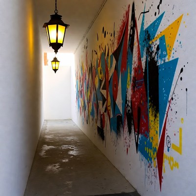 Graffiti-covered tunnel with hanging lanterns