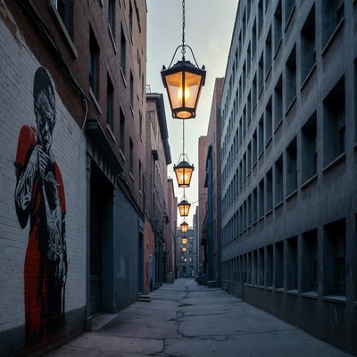 Street lamps and graffiti in narrow alley