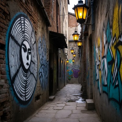 Graffiti-covered narrow cobblestone alley